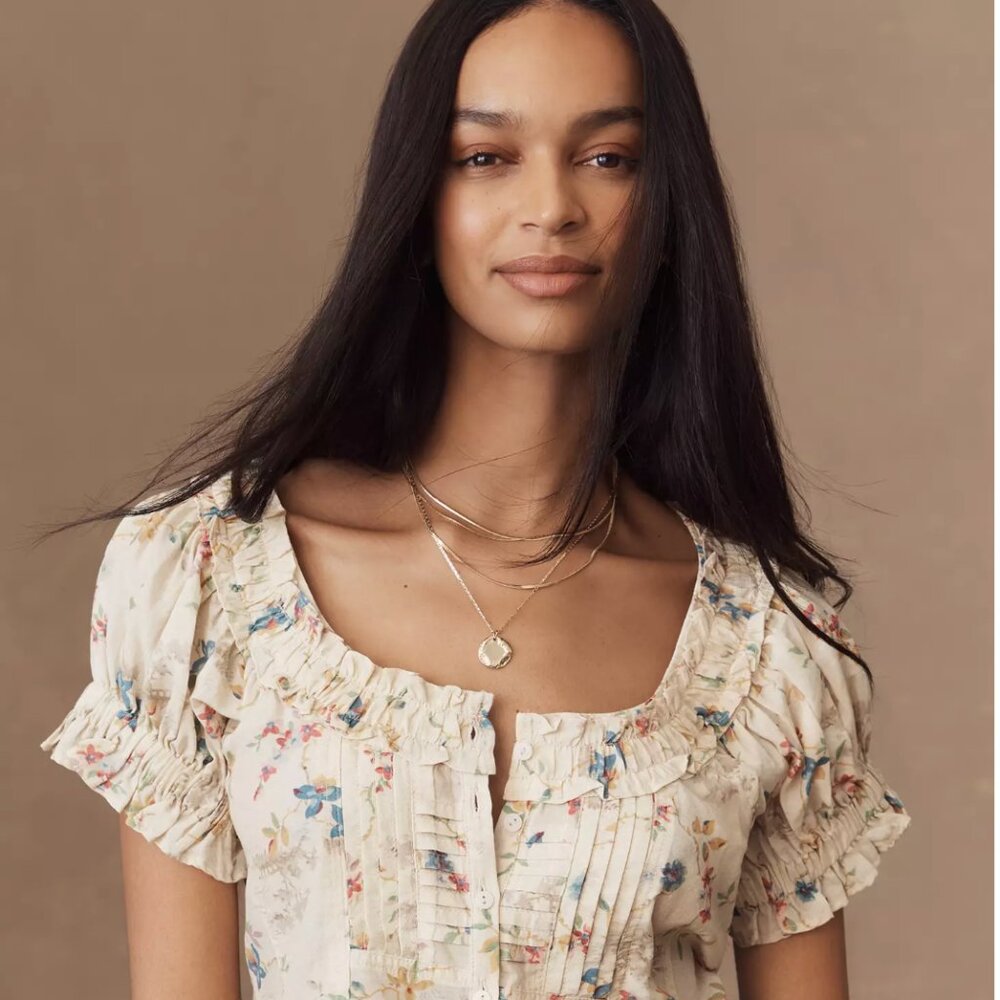 Pilcro Sheer Ruffle Puff-Sleeve Blouse Top - Size Medium